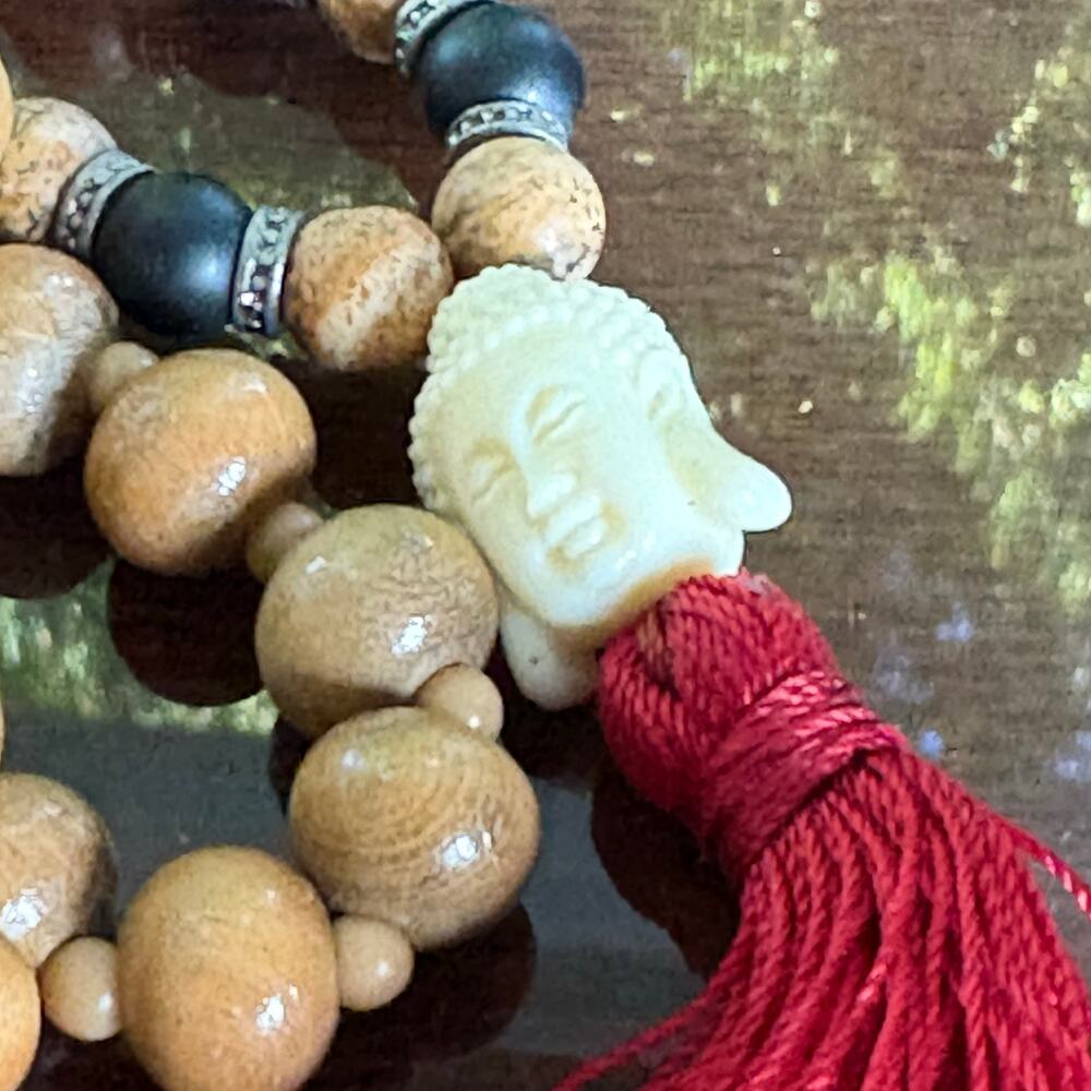 Buddha Mala Necklace Lava Stone Red Tassel with Separate Wooden Bead Necklace - Picture 5 of 15